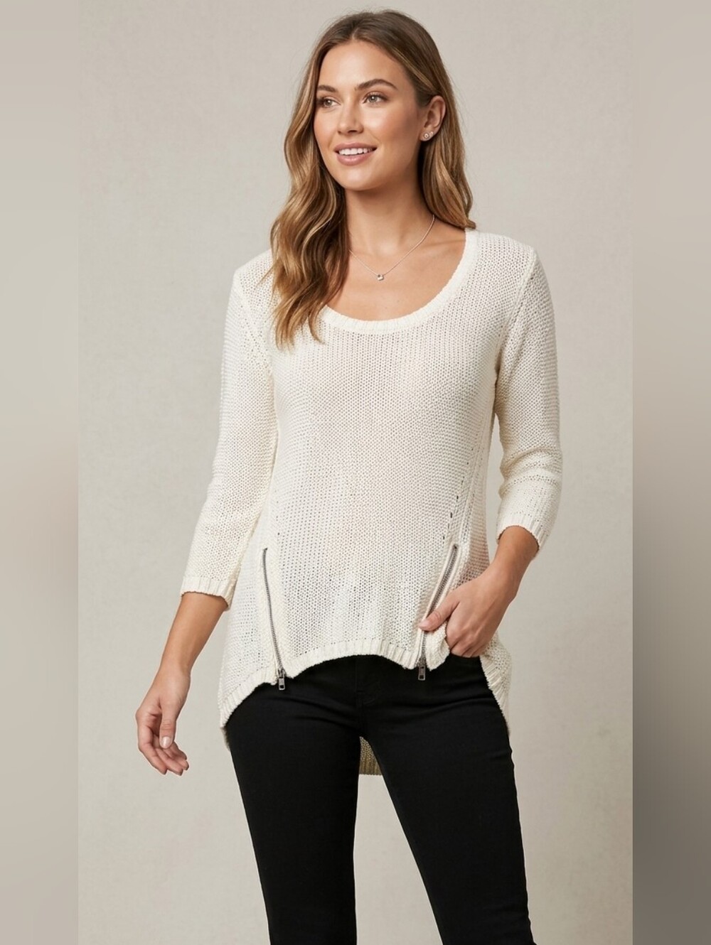 5 For $25✨️Design Lab Creme White Knit Zipper Sweater Cardigan Size Medium